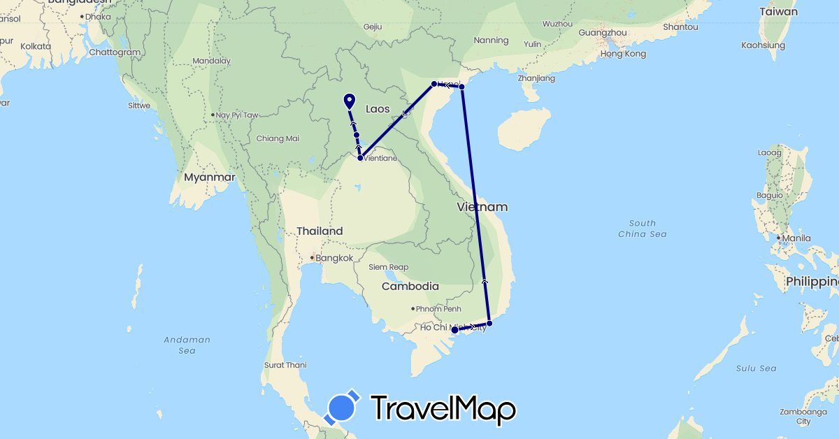 TravelMap itinerary: driving in Laos, Vietnam (Asia)